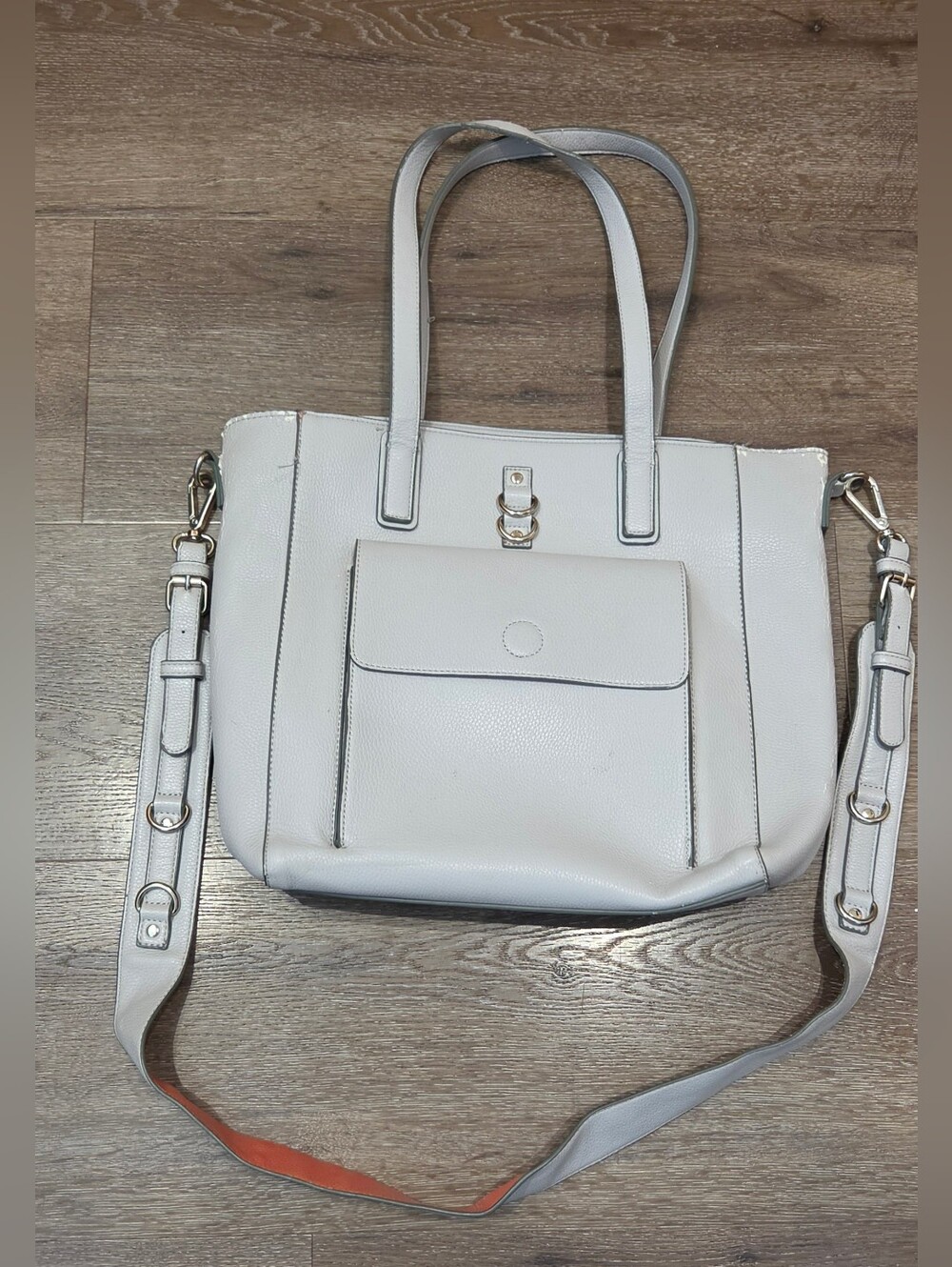 Indigo Light Grey Pebbled Tote Bag with Detachable Coral Pouch